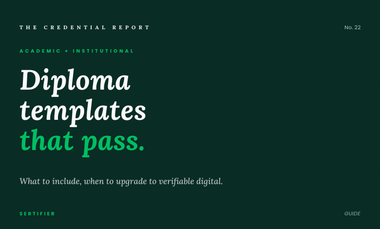 Editorial cover dark: diploma templates that pass. What to include, when to upgrade to verifiable digital. The Credential Report No. 22