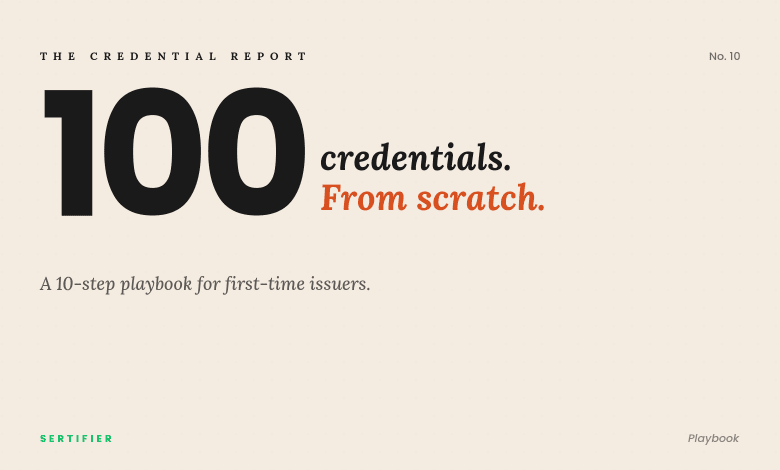 Editorial cover with giant numeral 100. Credentials from scratch. A 10-step playbook for first-time issuers. The Credential Report No. 10