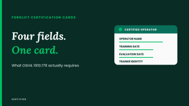 Forklift certification card template showing the four OSHA-required fields